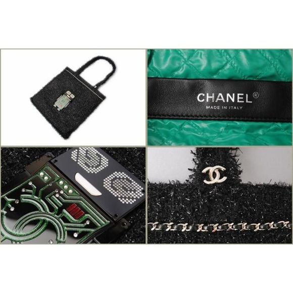 Chanel Tote Bag Shopping Bag Tweed Robot Large Black Green Tweed Resin Strass - Picture 4 of 4